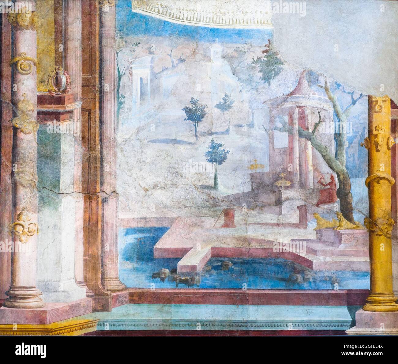 Paesaggio roccioso con piccoli templi, statua, pescatore e ibis - fresco - Ekklesiasterion (recinzione sacra con templi, statue e piazza con alberi) di Pompei Foto Stock