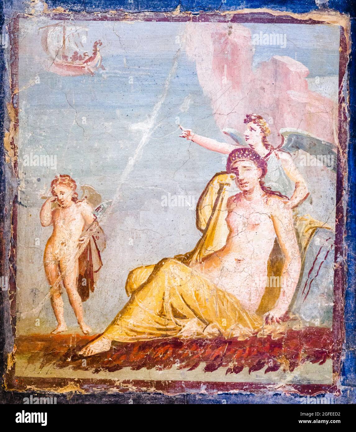 Abbandonata Ariadne Ariadne, abbandonata a Naxos, piange e viene confortata dalla vendetta, che punta alla nave di theseus, affresco a lungo andato Pompei, Casa del Meleagro (Casa di Meleagro) 63-79 d.C. Foto Stock