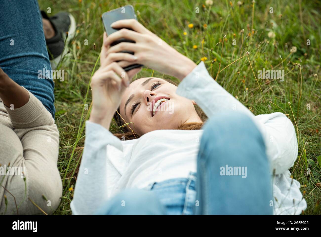 Giovani amici femmine sdraiati sull'erba mentre usano lo smartphone nel parco Foto Stock