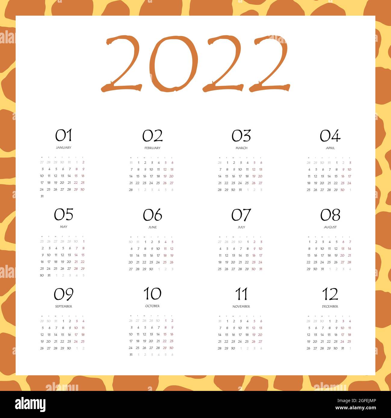 2022 pianificatore di calendario. Settimana aziendale. Layout del modello, 12 mesi all'anno, sfondo a colori. Design semplice per brochure, volantini, supporti di stampa aziendali Illustrazione Vettoriale