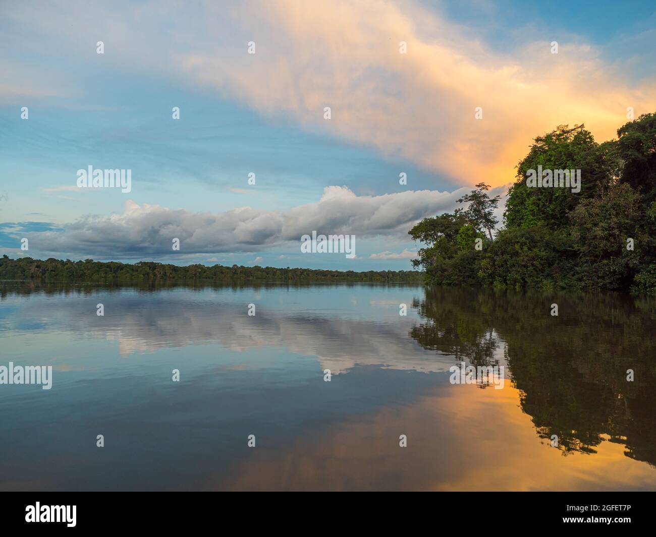 Vista al tramonto del Coati laguna vicino il fiume Javari, tributario del fiume Rio delle Amazzoni, Amazonia. Selva sul confine del Brasile e Perù. Sud America. Foto Stock