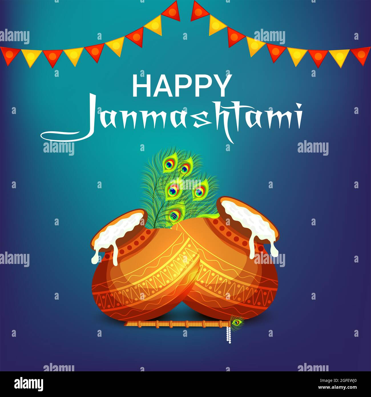 Illustrazione vettoriale di uno sfondo per felice Janmashtami Festival indiano del Signore Krishna compleanno con Hindi testo Shri Krishan Janmashtami. Foto Stock