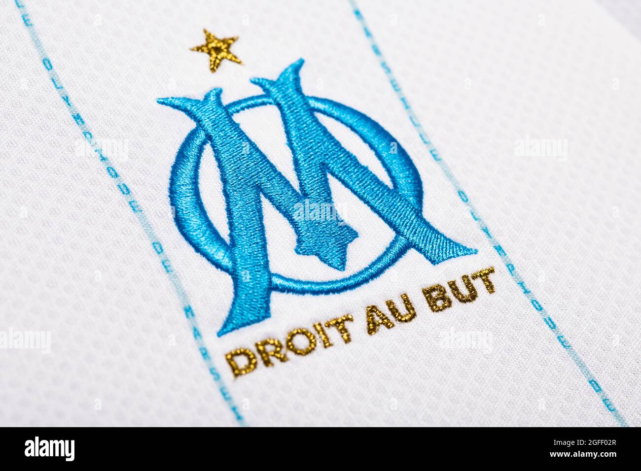 Primo piano del kit Olympique de Marseille 2020/21. Foto Stock