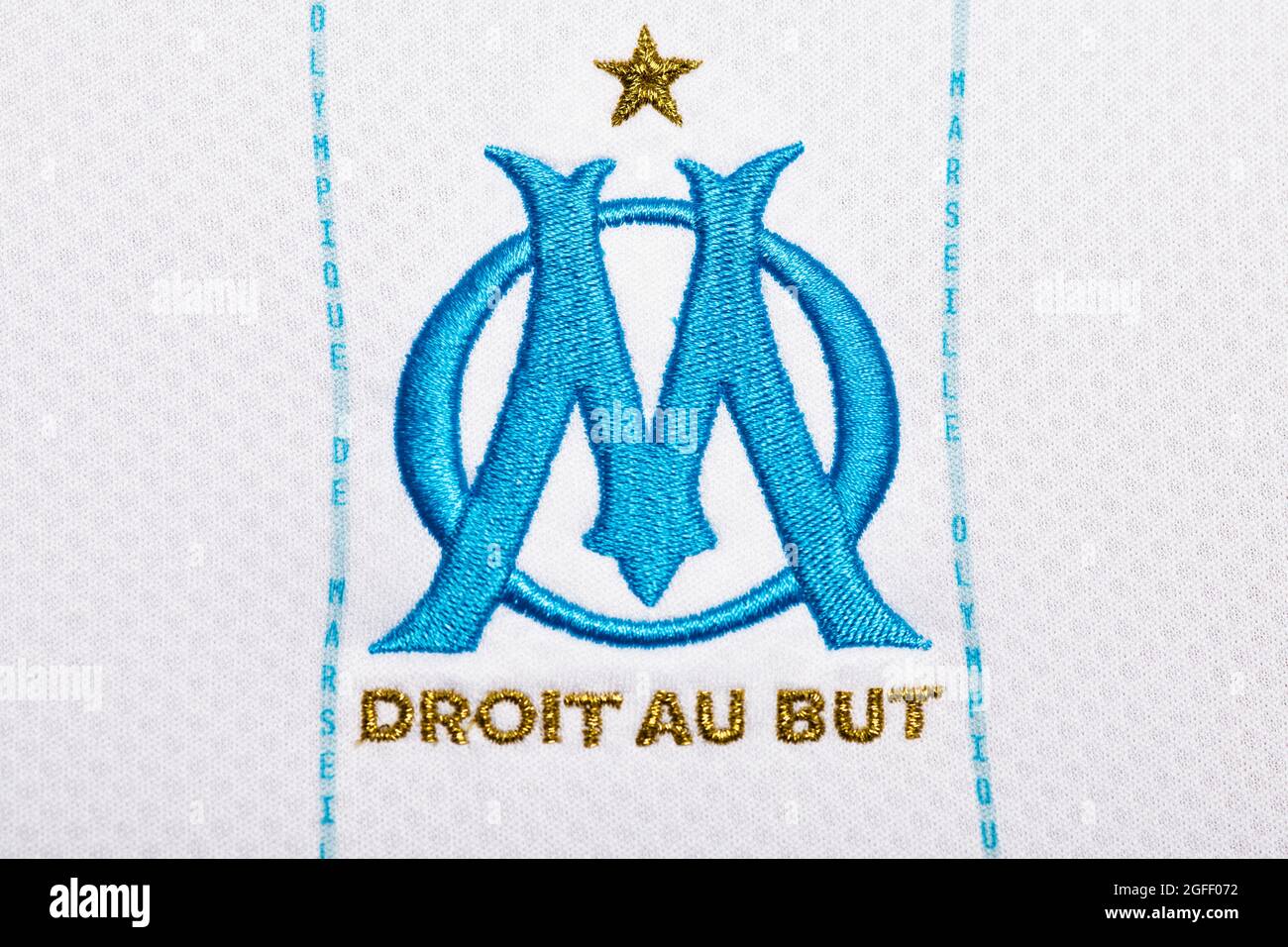 Primo piano del kit Olympique de Marseille 2020/21. Foto Stock