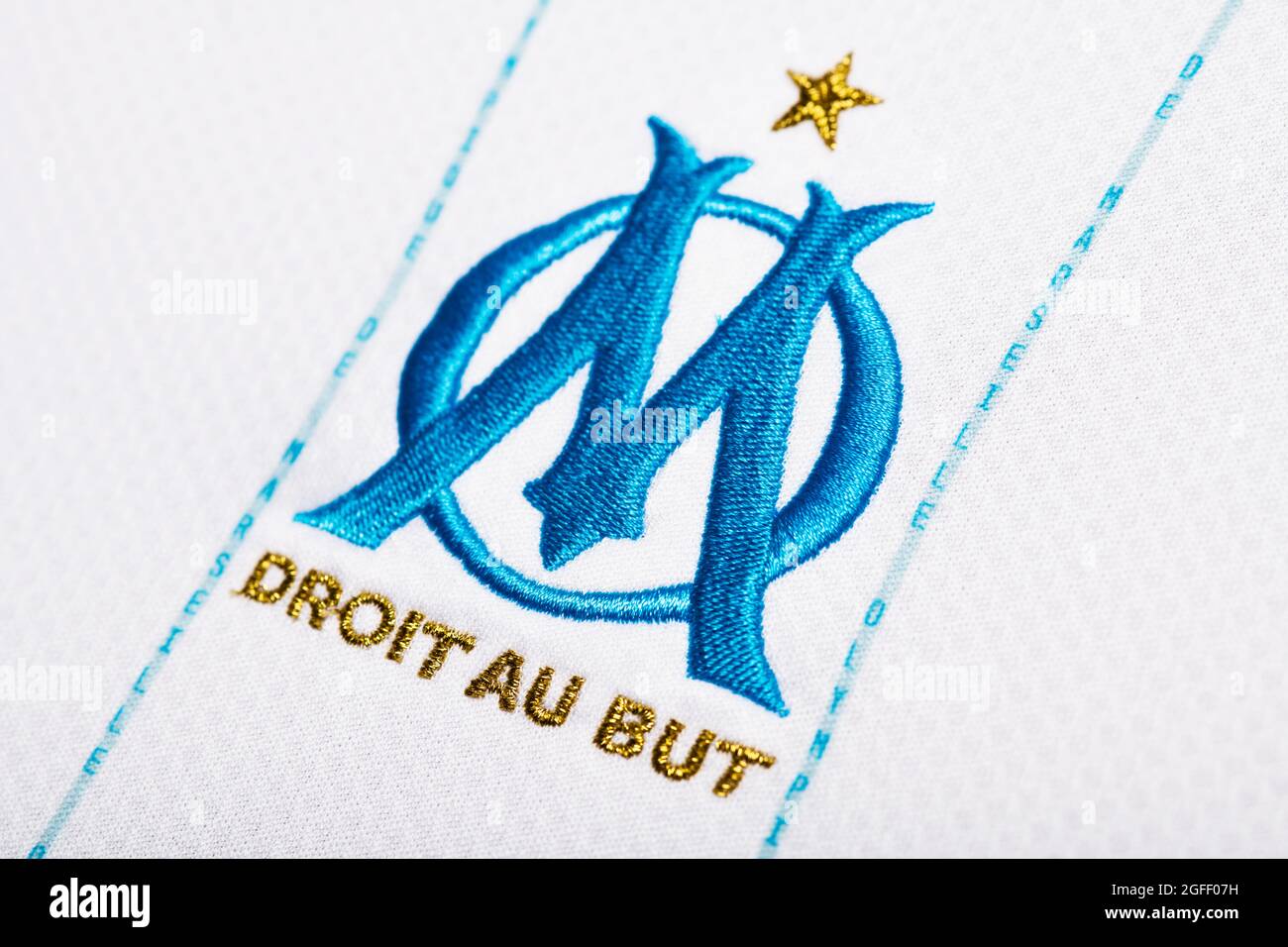 Primo piano del kit Olympique de Marseille 2020/21. Foto Stock