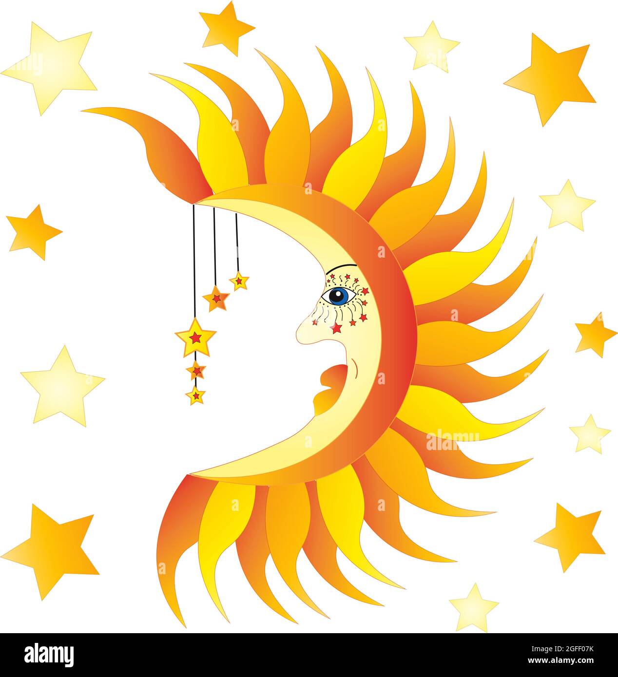 Divertimento Sole e Luna con grafica facciale e stelle. Foto Stock