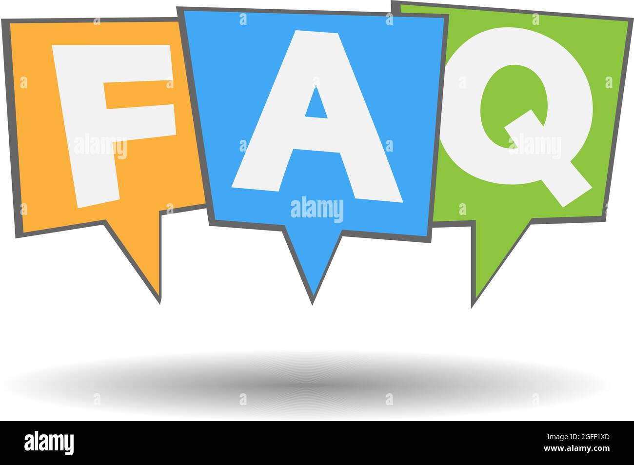 FAQ Domande frequenti, lettere in fumetti colorati isolati su sfondo bianco, illustrazione vettoriale Illustrazione Vettoriale