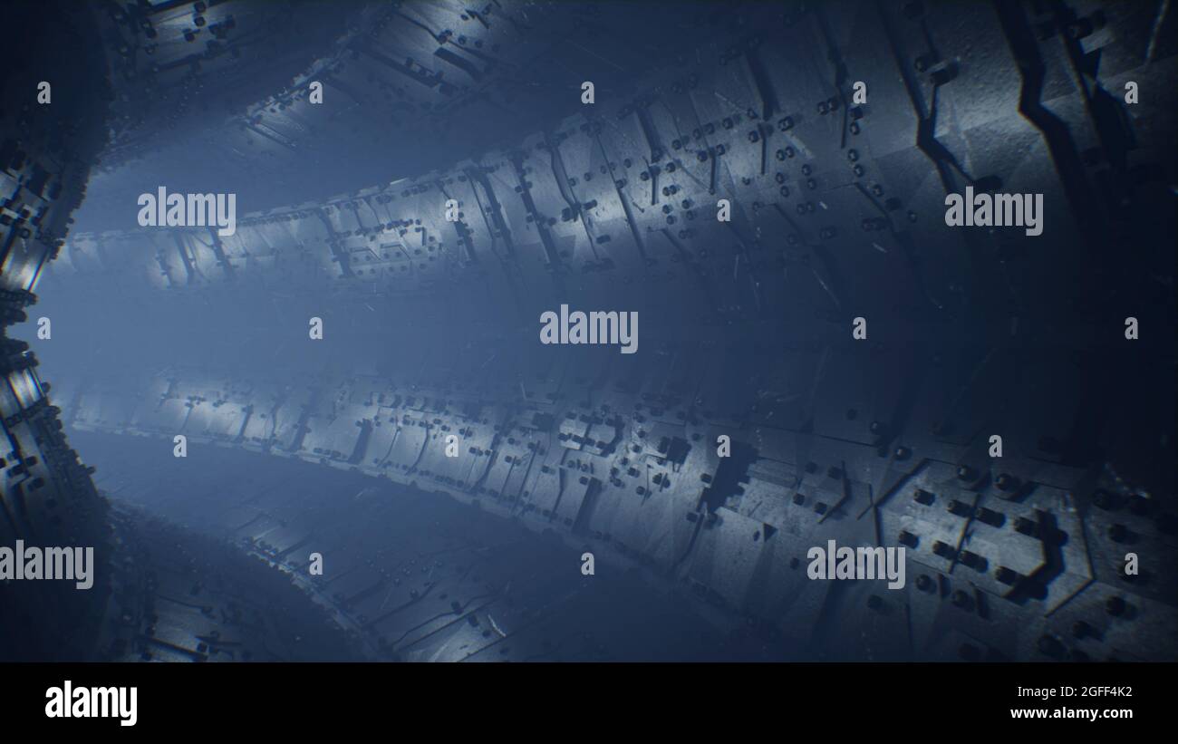 Foggy Space Mechanical Tunnel sfondo 3D rendering Foto Stock
