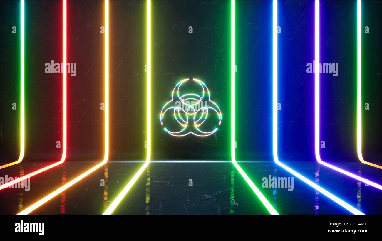 Simbolo luminoso di rischio biologico nel rendering 3D delle linee luminose colorate Foto Stock