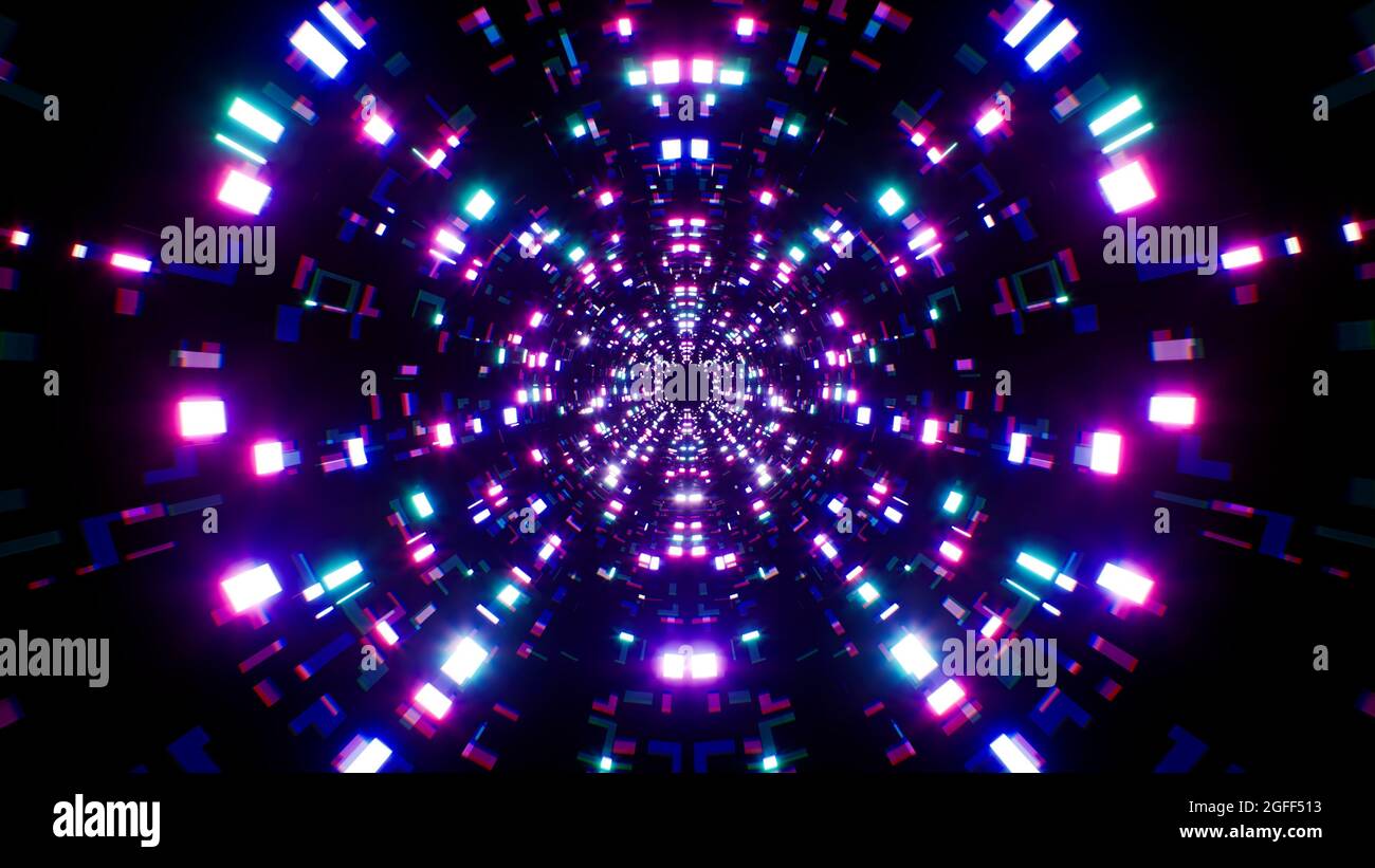 Sfondo del tunnel a trama piastrellato con motivo quadrato al neon Foto Stock