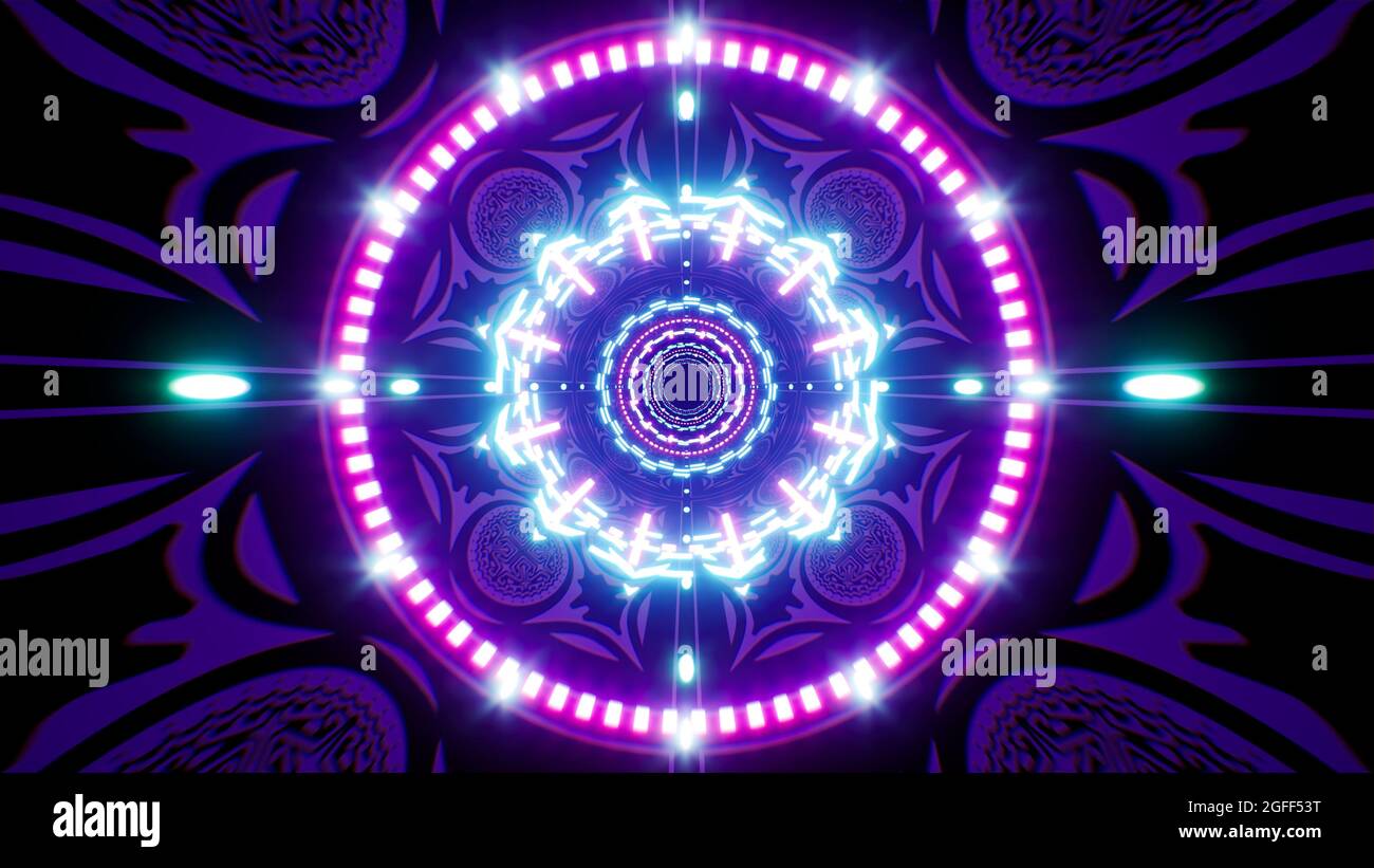 Tunnel piastrellato in viola scuro organico con lampada al cerchio di luce al neon Foto Stock