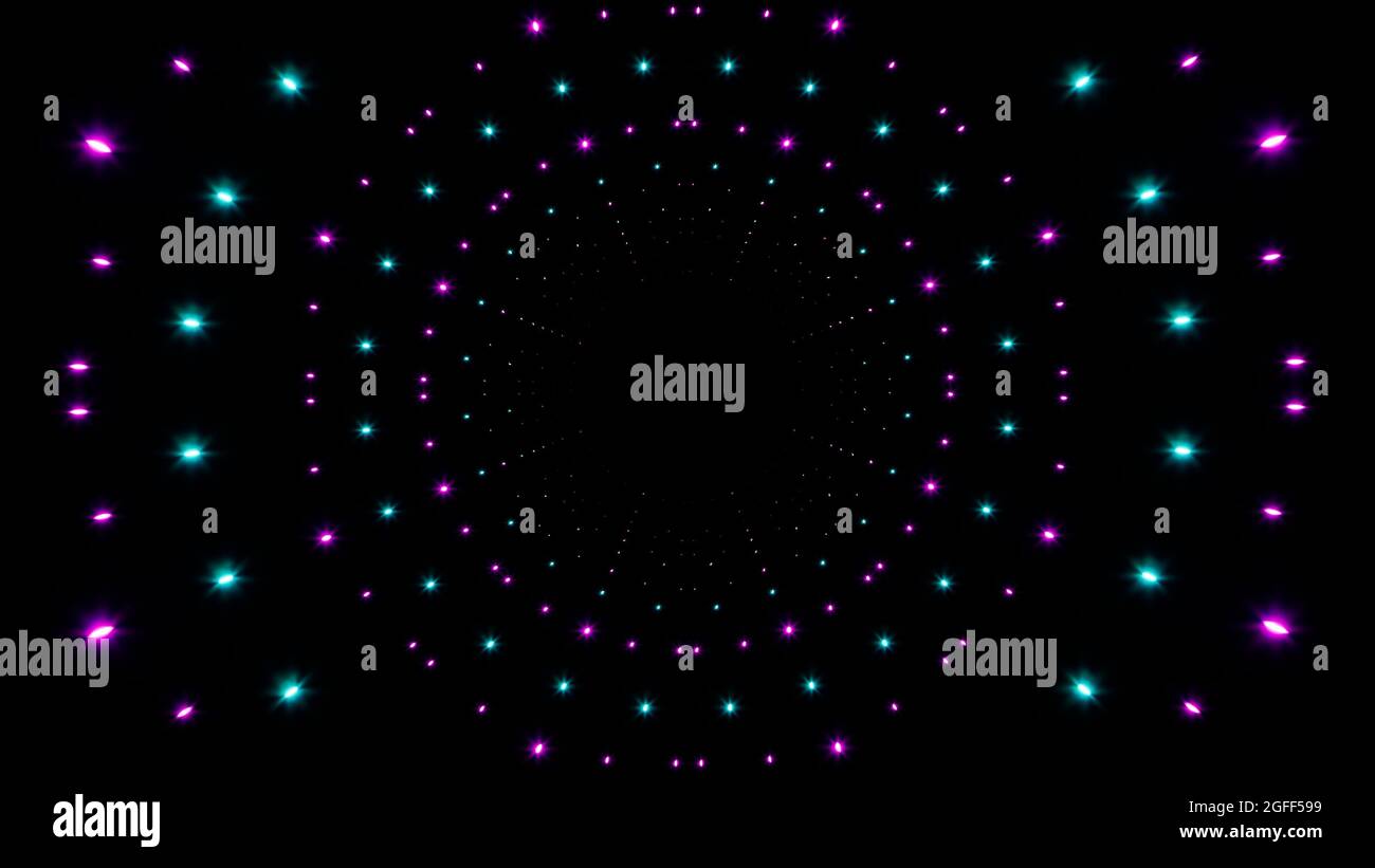 Particelle di luce circolare scintillanti al neon di colore viola e ciano Foto Stock