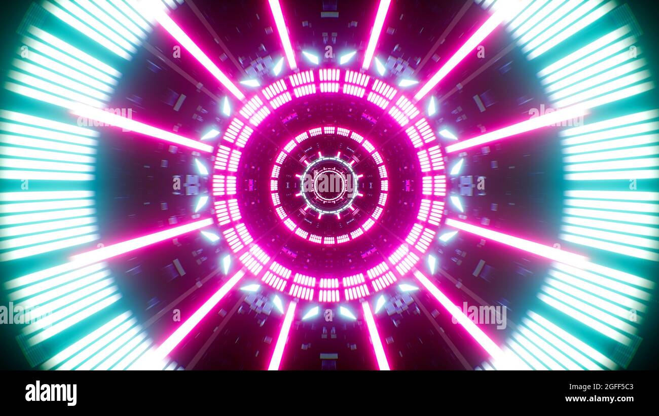 Illuminante retro Neon Lights Future Technology VJ Tunnel Foto Stock