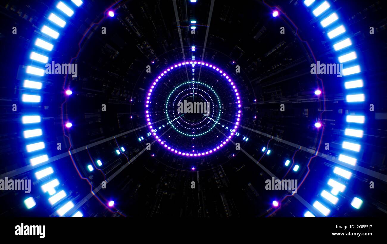 Luce brillante Triple Neon Light Rail Science Fiction Tunnel effetto sfondo Foto Stock