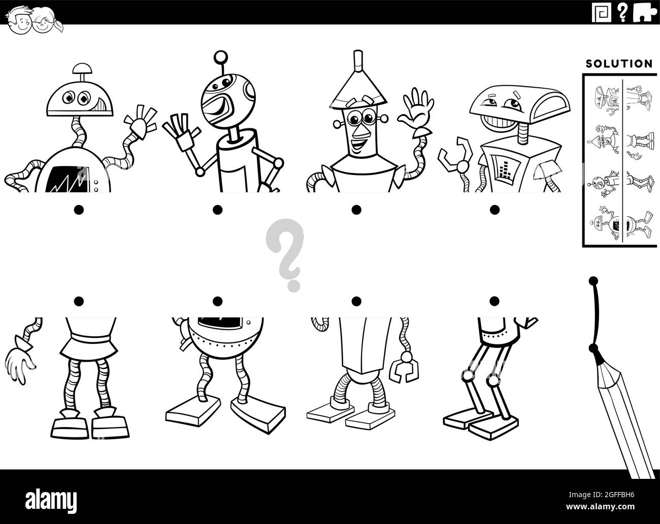 Illustrazione cartoon in bianco e nero del gioco educativo di metà di corrispondenza delle immagini con caratteri comic robot colorando pagina del libro Illustrazione Vettoriale