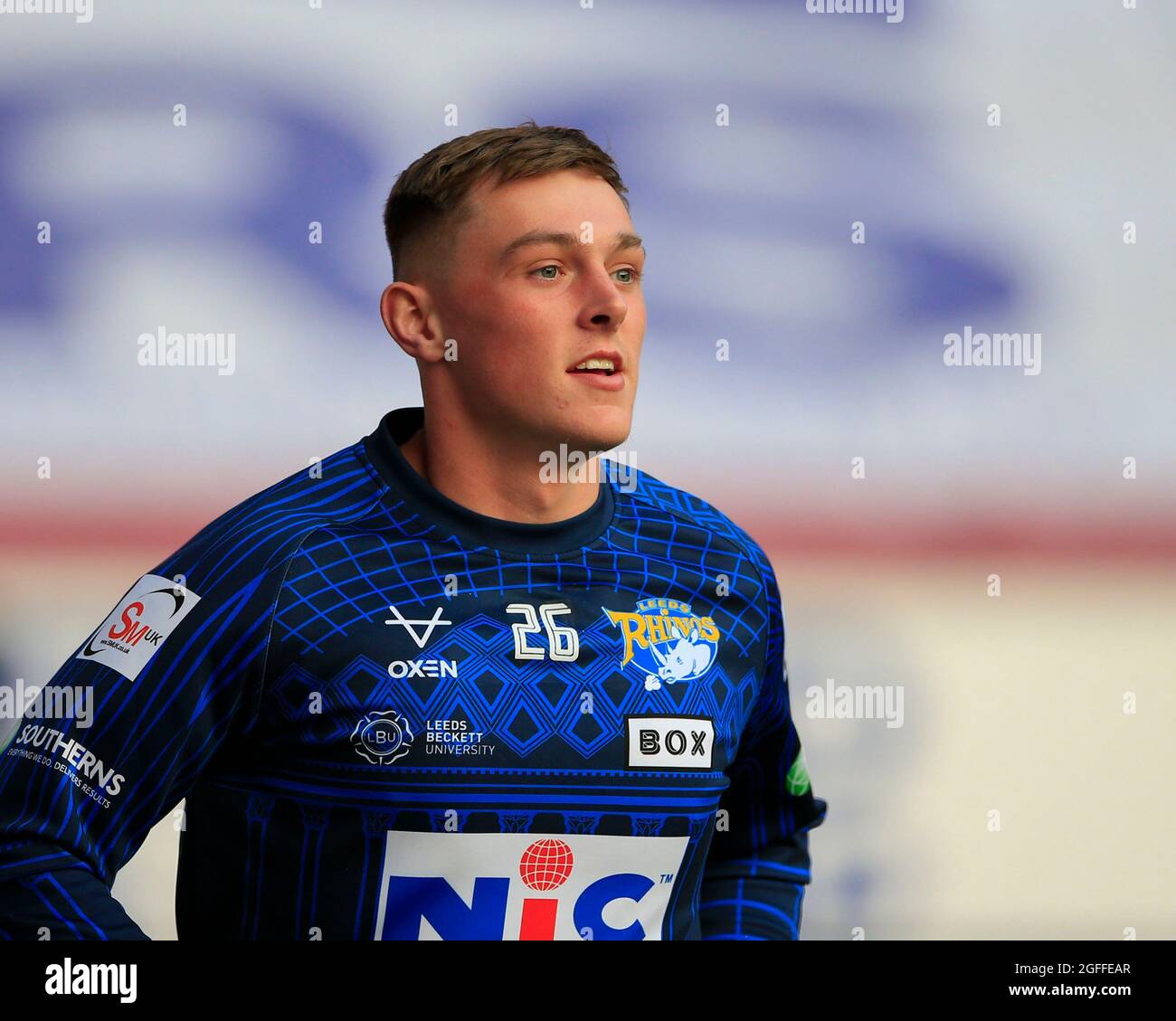 Wigan, Regno Unito. 25 ago 2021. Jarrod o'Connor (26) di Leeds Rhinos durante il riscaldamento per la partita a Wigan, Regno Unito, l'8/25/2021. (Foto di Conor Molloy/News Images/Sipa USA) Credit: Sipa USA/Alamy Live News Foto Stock