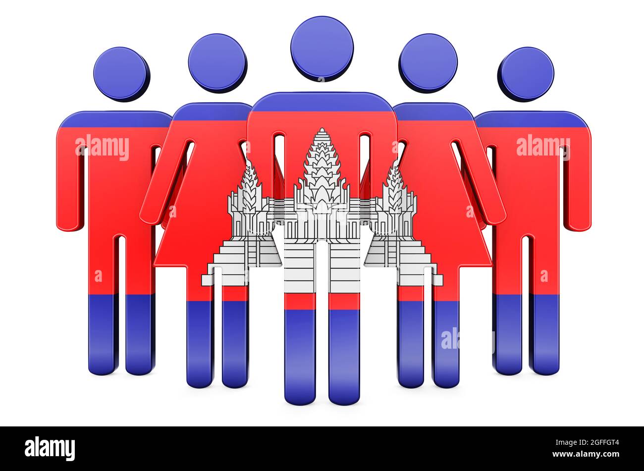 Bastone figure con bandiera cambogiana. Comunità sociale e cittadini della Cambogia, 3D rendering isolato su sfondo bianco Foto Stock