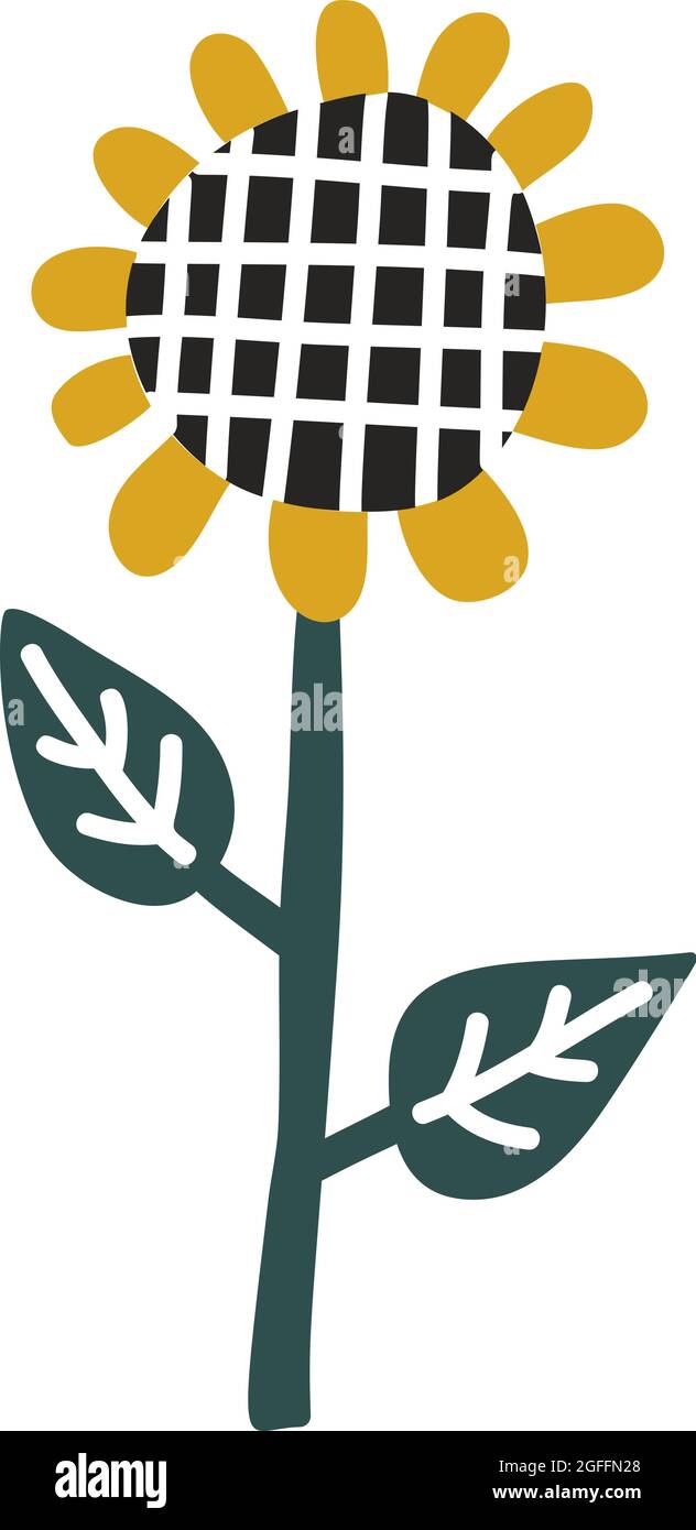 Illustrazione vettoriale a colori con girasole e foglie verdi su sfondo bianco. Idee per cartoline e logo. Doodle in stile scandinavo. Ottimo per la stampa Illustrazione Vettoriale