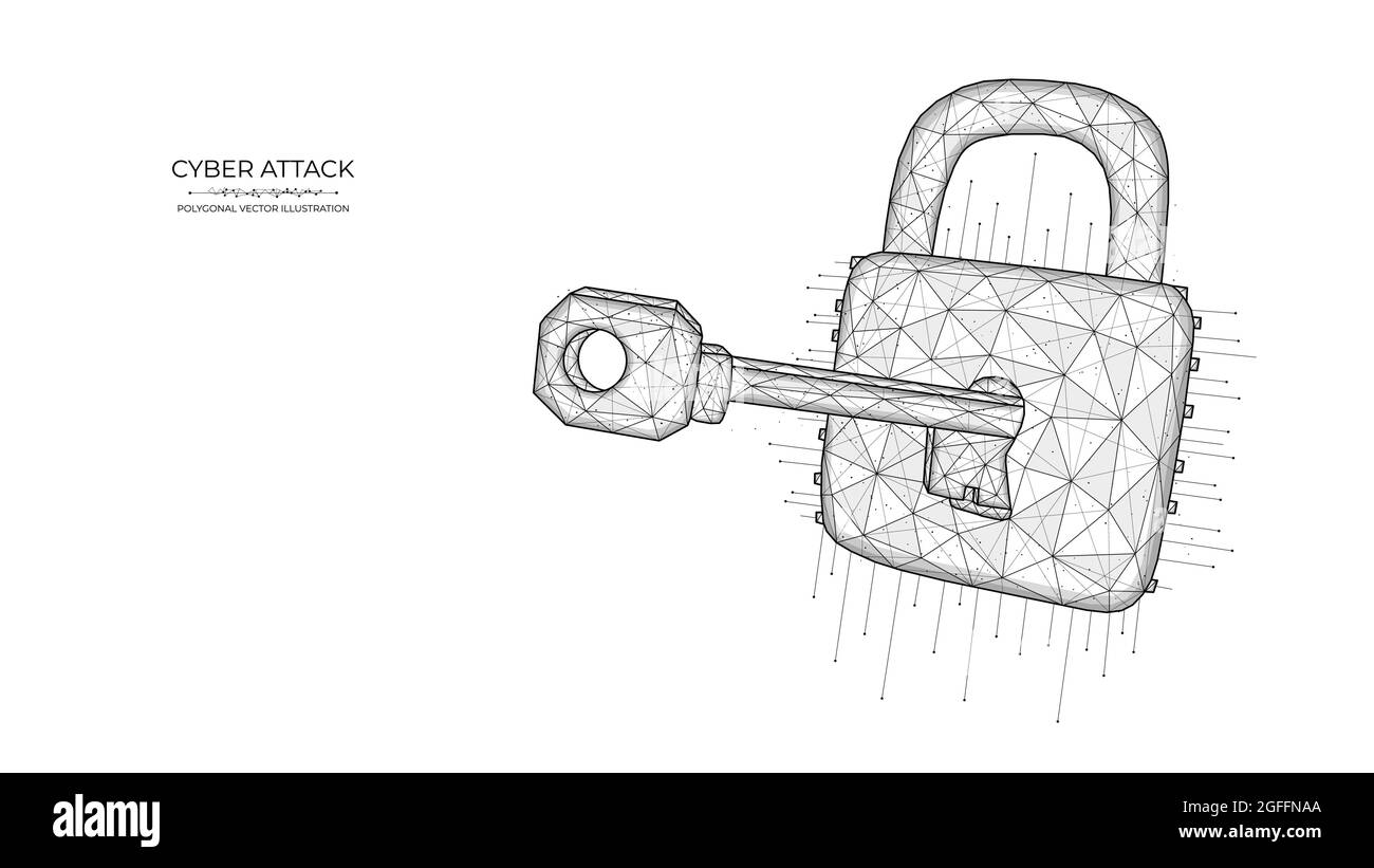 Illustrazione poligonale di un tasto e di un lucchetto su sfondo blu. Concetto di attacco informatico o di pirateria informatica. Illustrazione Vettoriale