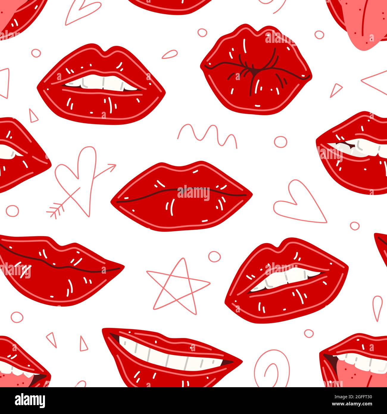 Modello senza cuciture con labbra femmina. Labbra con rossetto rosso Illustrazione Vettoriale