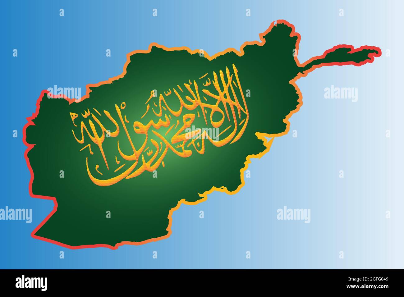 Ortografia calligrafica dello Shahada talebano della Repubblica islamica dell'Afghanistan su una mappa. Iscrizione su sfondo verde. Illustrazione Vettoriale