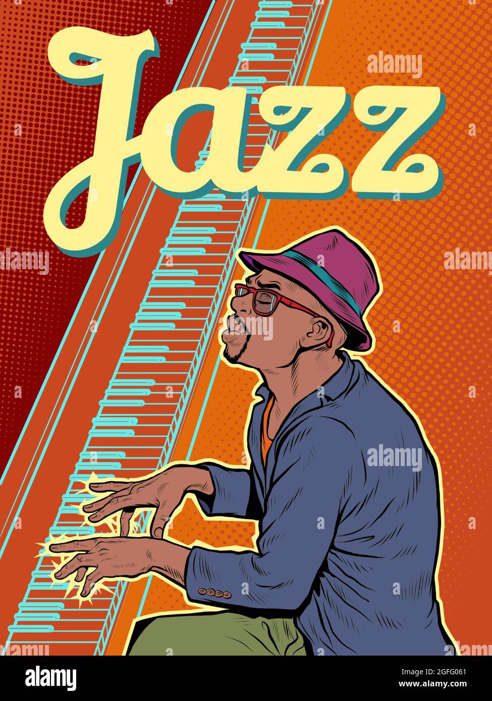 Pianista jazz maschile nero. Musica e rock. ARIST suona uno strumento musicale Illustrazione Vettoriale