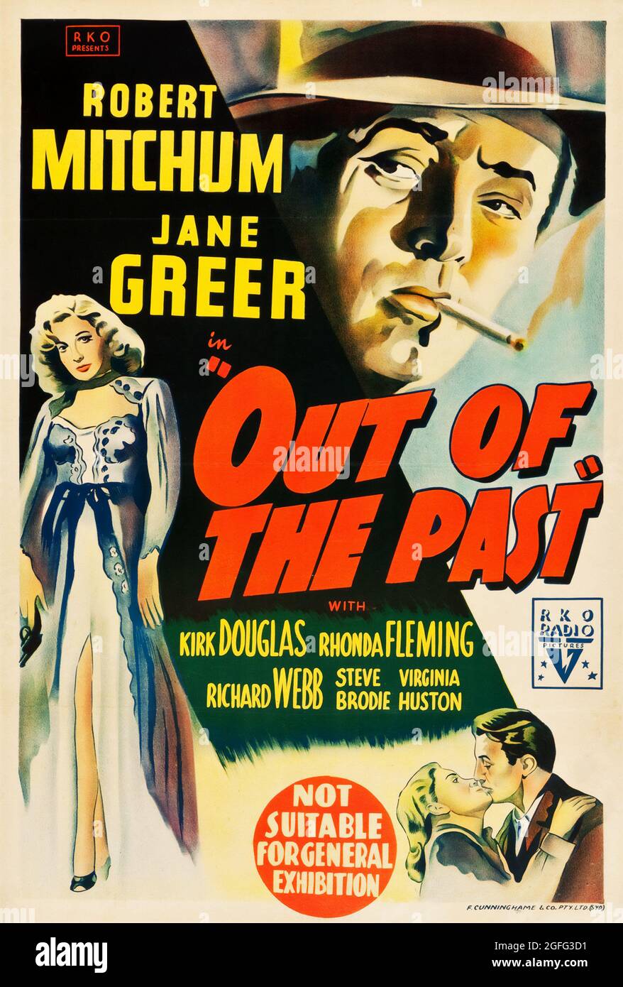 Film poster: Out of the Past (fatturato nel Regno Unito come Build My Glows High) è un film noir del 1947 con Robert Mitchum. Foto Stock