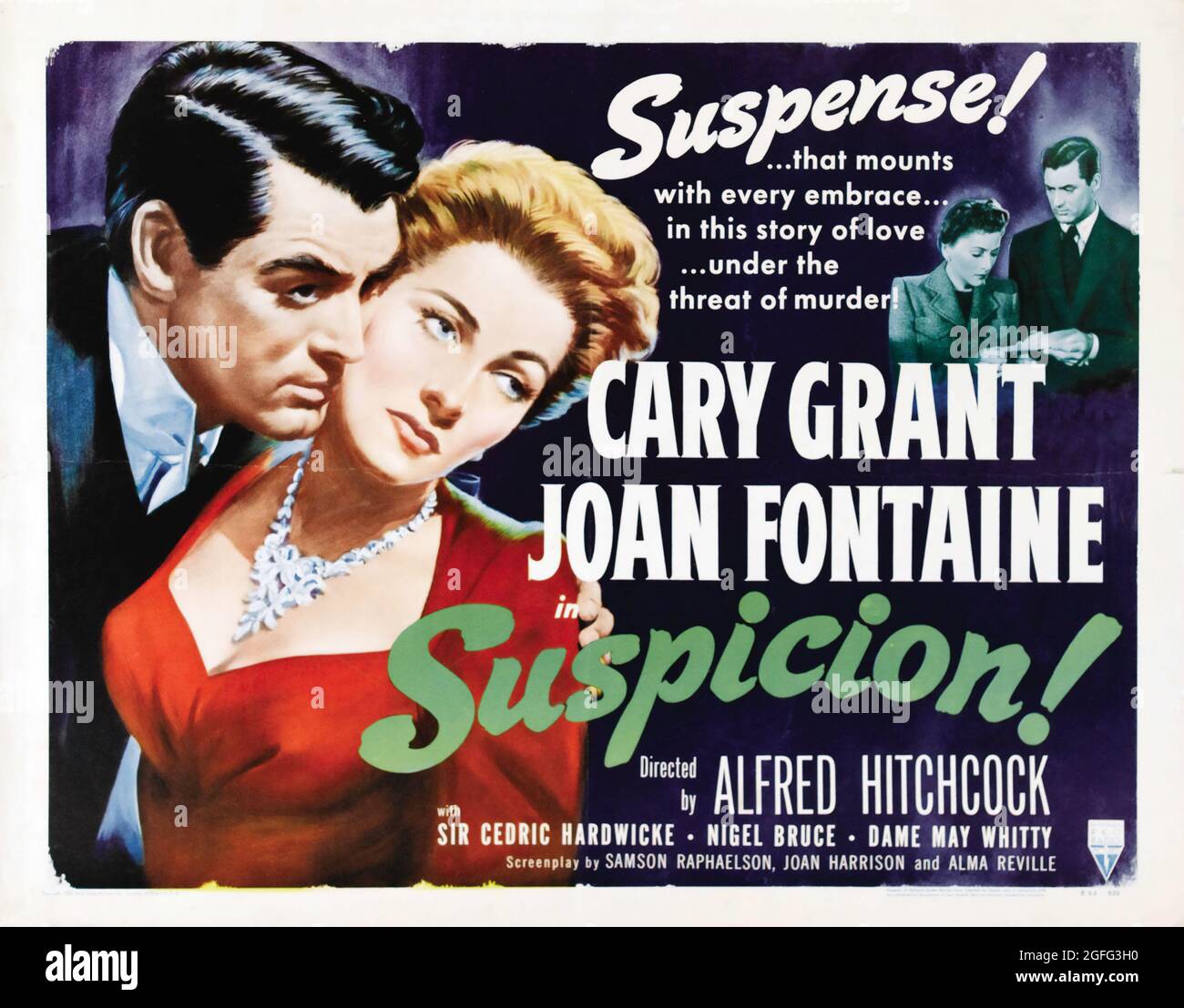Poster del film – il sospetto è un film di 1941 thriller psicologico romantico diretto da Alfred Hitchcock e con Cary Grant e Joan Fontaine. Foto Stock