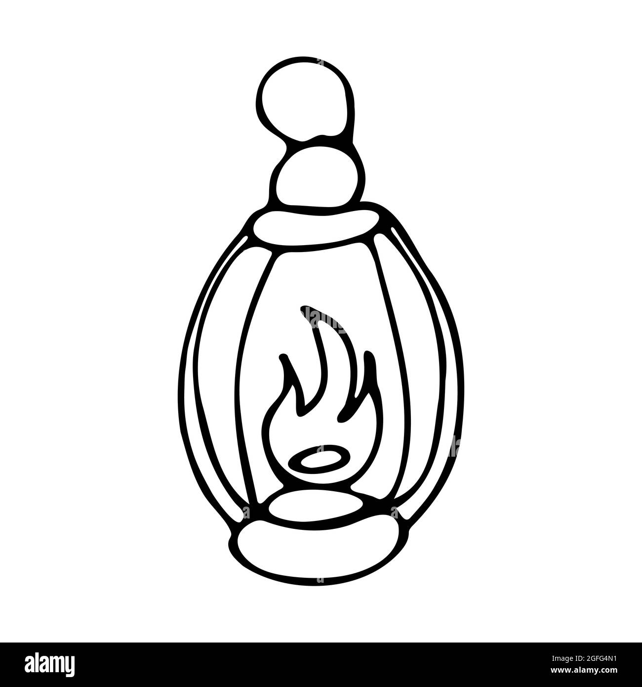 Kerosene lanterna stile doodle. Lanterna da campeggio disegnata a mano. Design vettoriale di Travel Concept.Vector. Elementi di progettazione dello schizzo Doodle. Linea art. Illustrazione Vettoriale