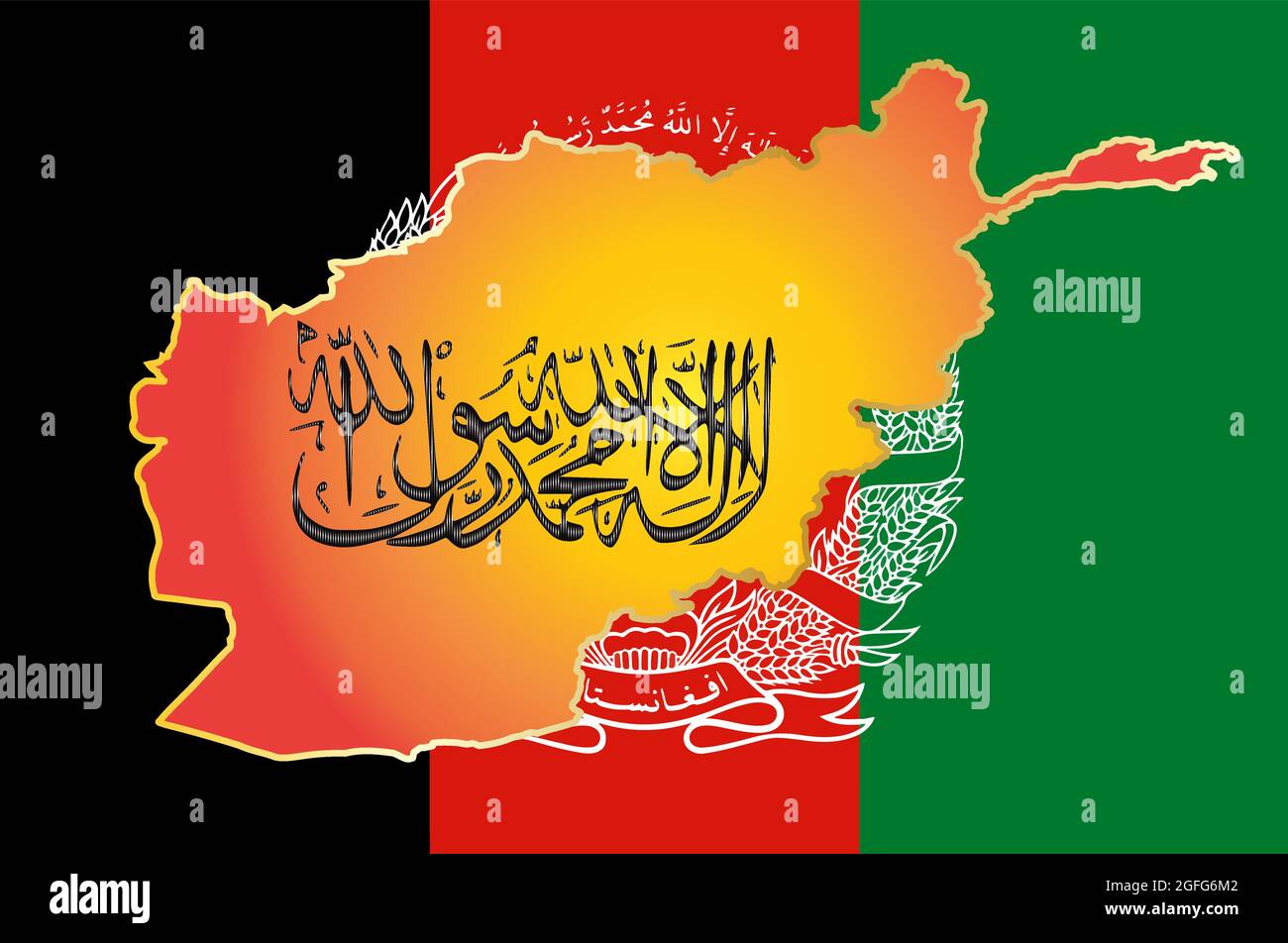 Scrittura calligrafica della Repubblica islamica dell'Afghanistan di Taliban Shahada su una mappa. Mappa sullo sfondo della bandiera dell'Afghanistan. Illustrazione Vettoriale