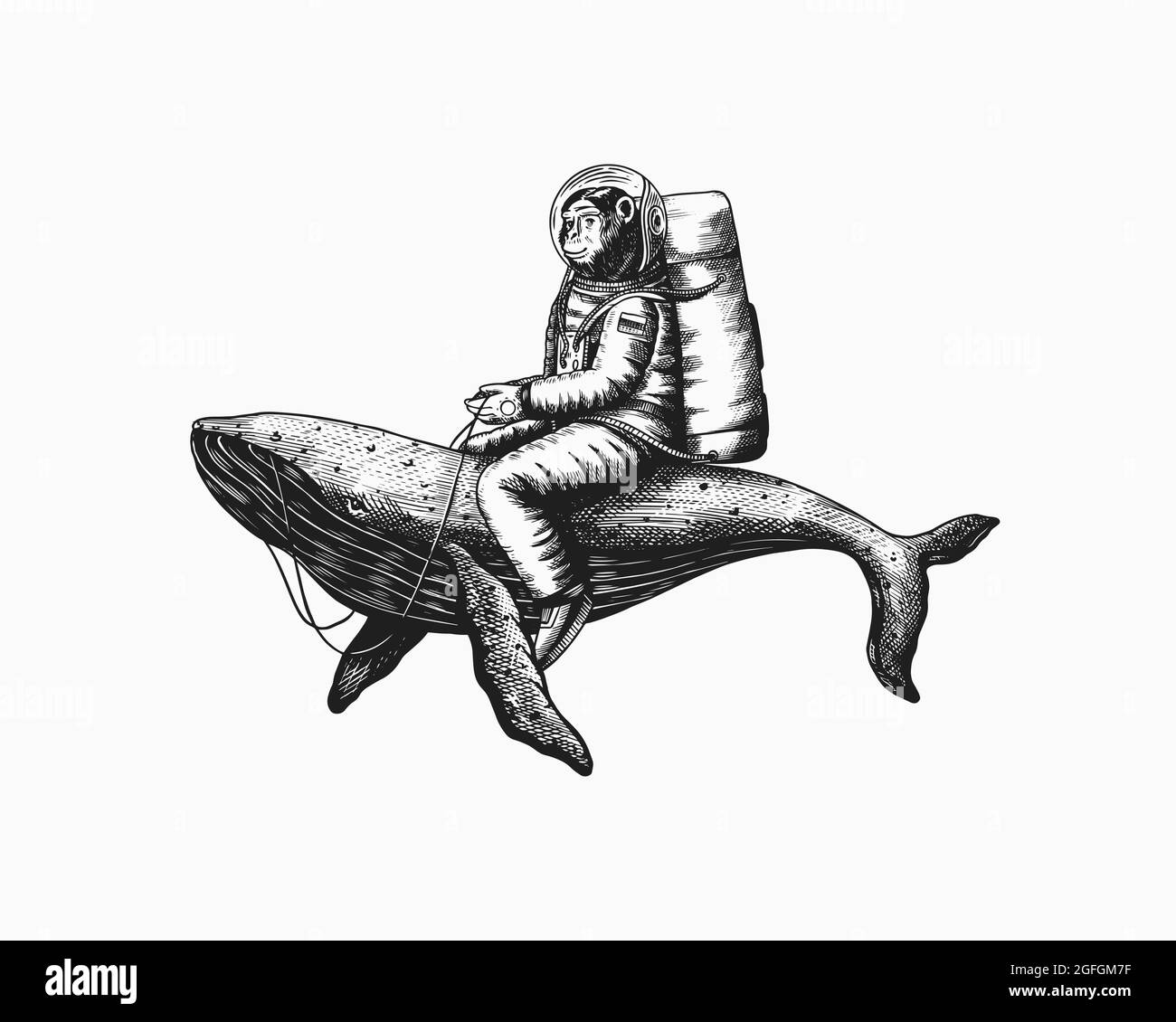 Astronauta scimmia con balena blu. Divertente Chimpanzee spaceman cosmonaut personaggio. Spazio galassico astronomico. Disegno a mano inciso vecchio schizzo monocromatico Illustrazione Vettoriale