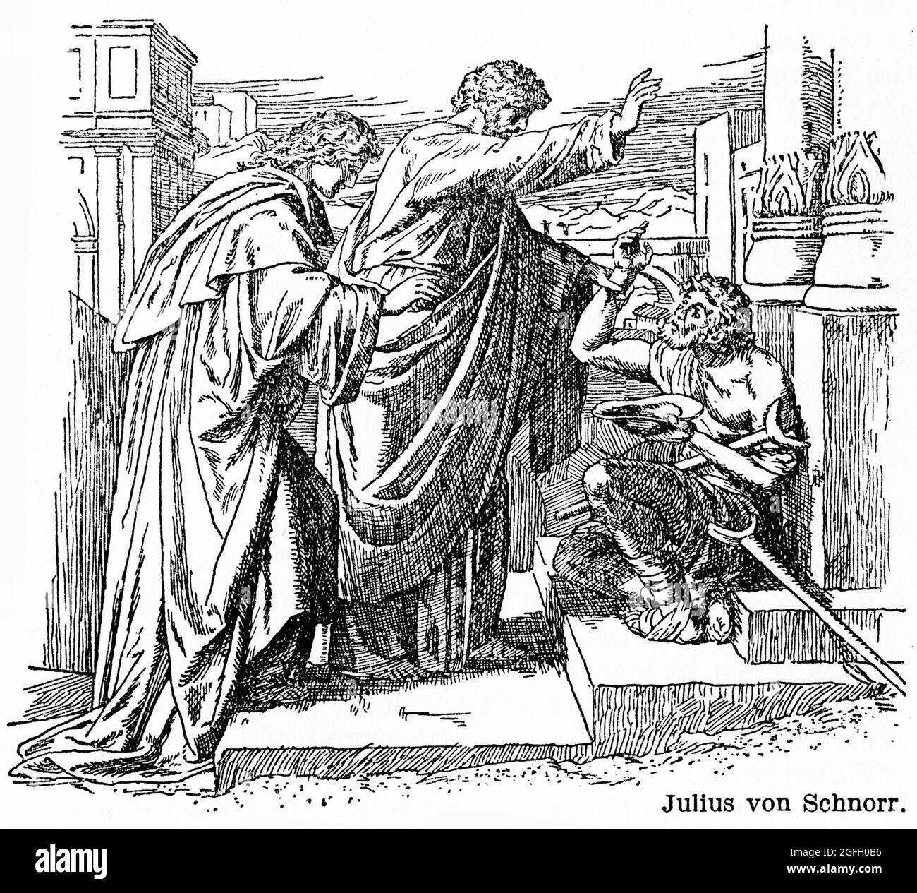 Incisione dell'apostolo Pietro che guarisce un uomo cieco a Gerusalemme, pubblicata nel 1916 Foto Stock