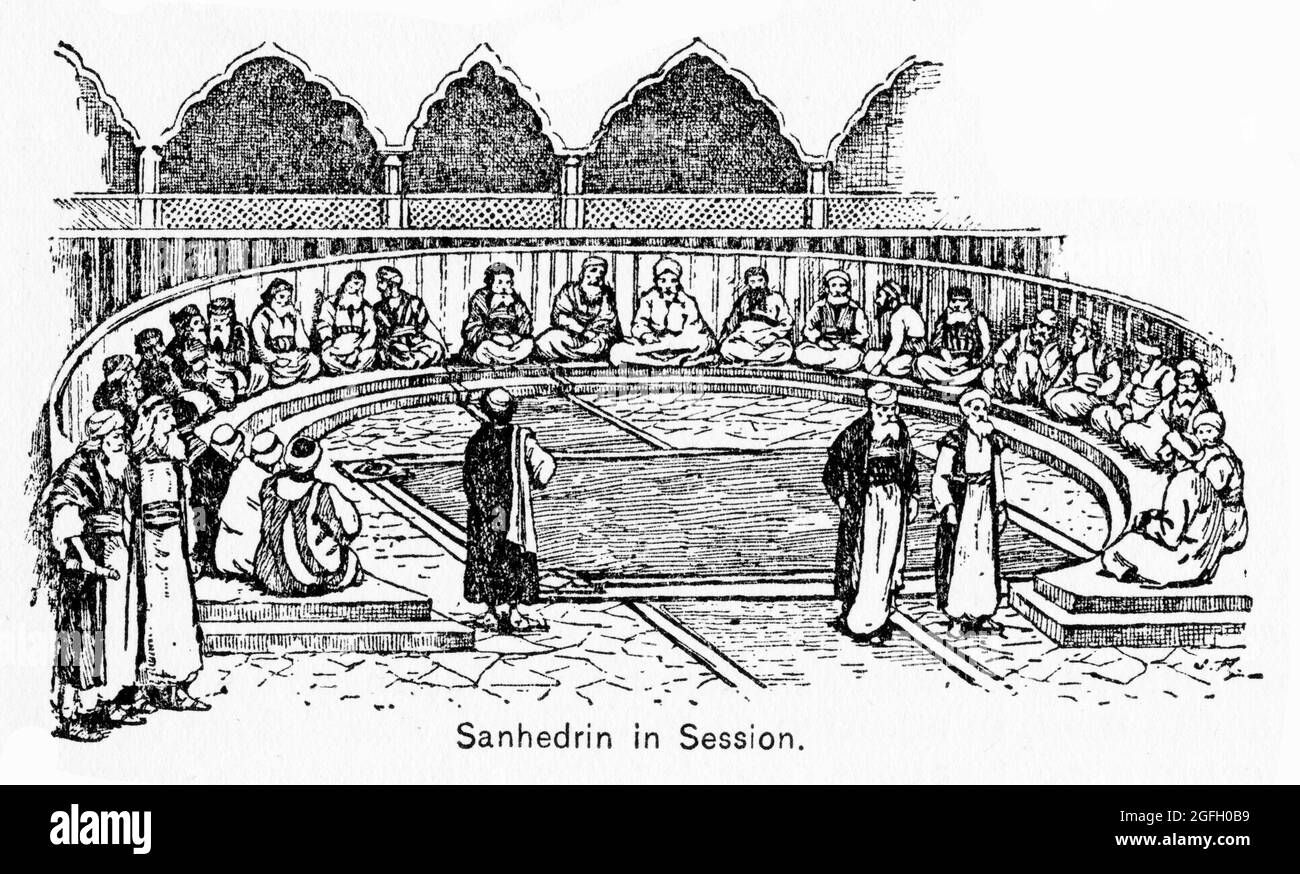 Incisione del Sanhedrin, il consiglio Ebraico, in sessione a Gerusalemme, pubblicato il 1916 Foto Stock