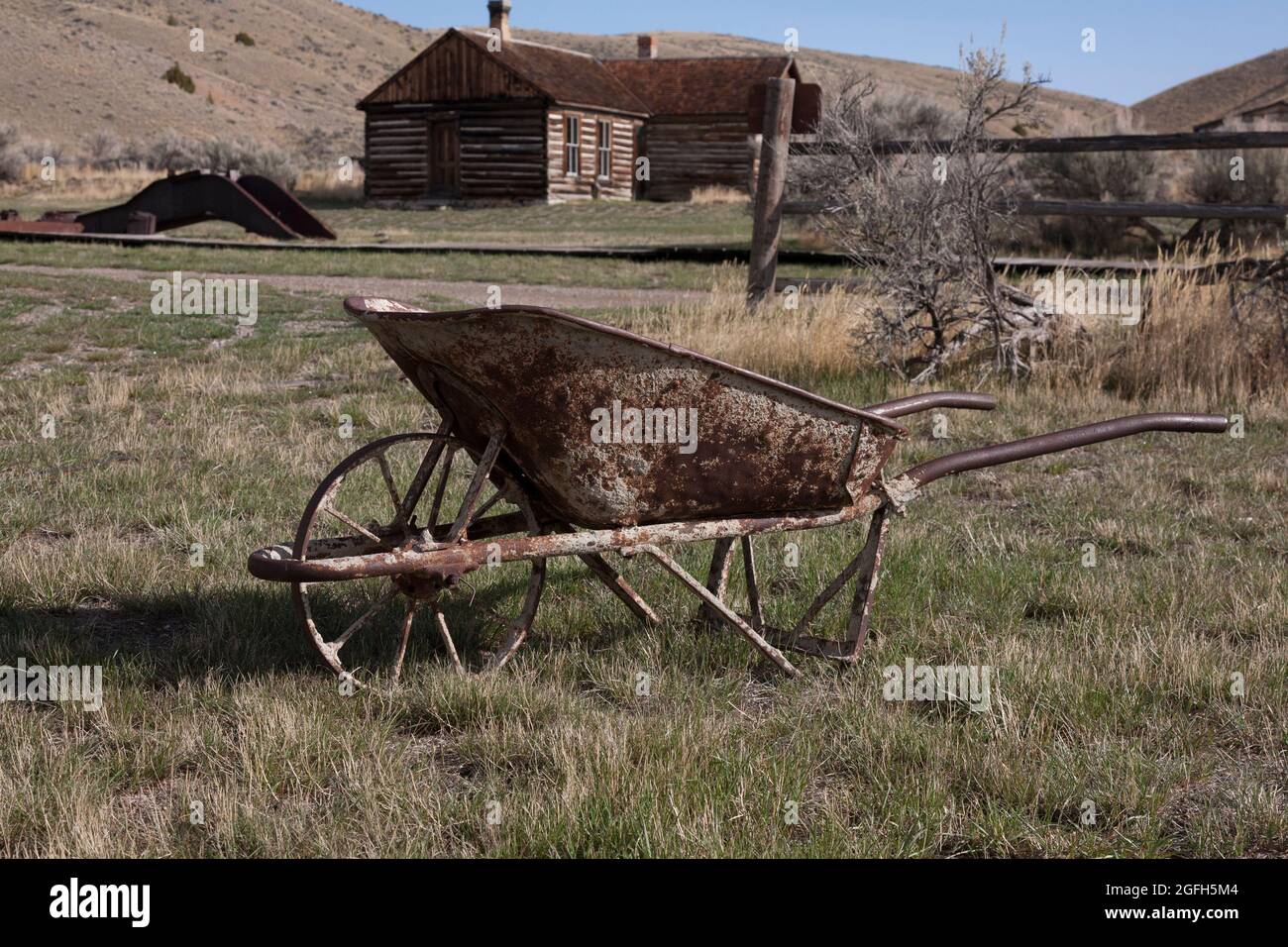 Carriola arrugginita, Bannack state Park, MT. Foto Stock