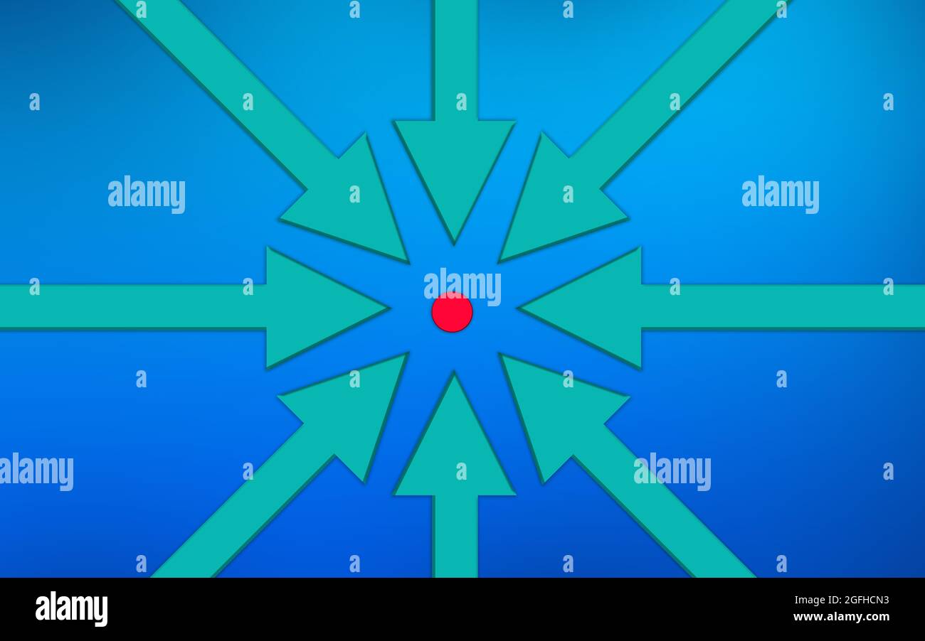 Frecce che vanno al cerchio bersaglio rosso su sfondo blu. Illustrazione 3d. Gruppo di freccia andare alla stessa direzione o obiettivo. Concetto di concorrenza Foto Stock
