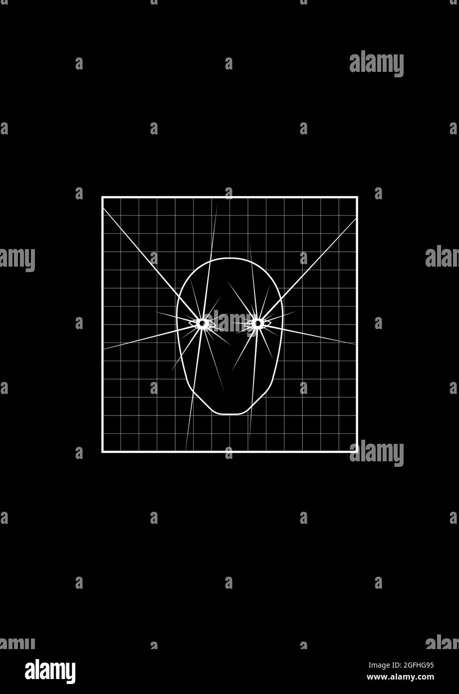 T-shirt e abbigliamento dal volto astratto con occhi luminosi sullo sfondo della griglia. Stampa in bianco e nero. Vettore Illustrazione Vettoriale