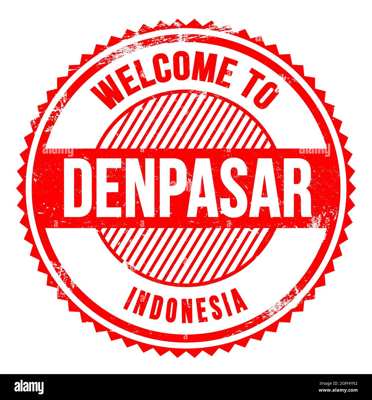 BENVENUTI A DENPASAR - INDONESIA, parole scritte sul timbro rosso zig zag Foto Stock