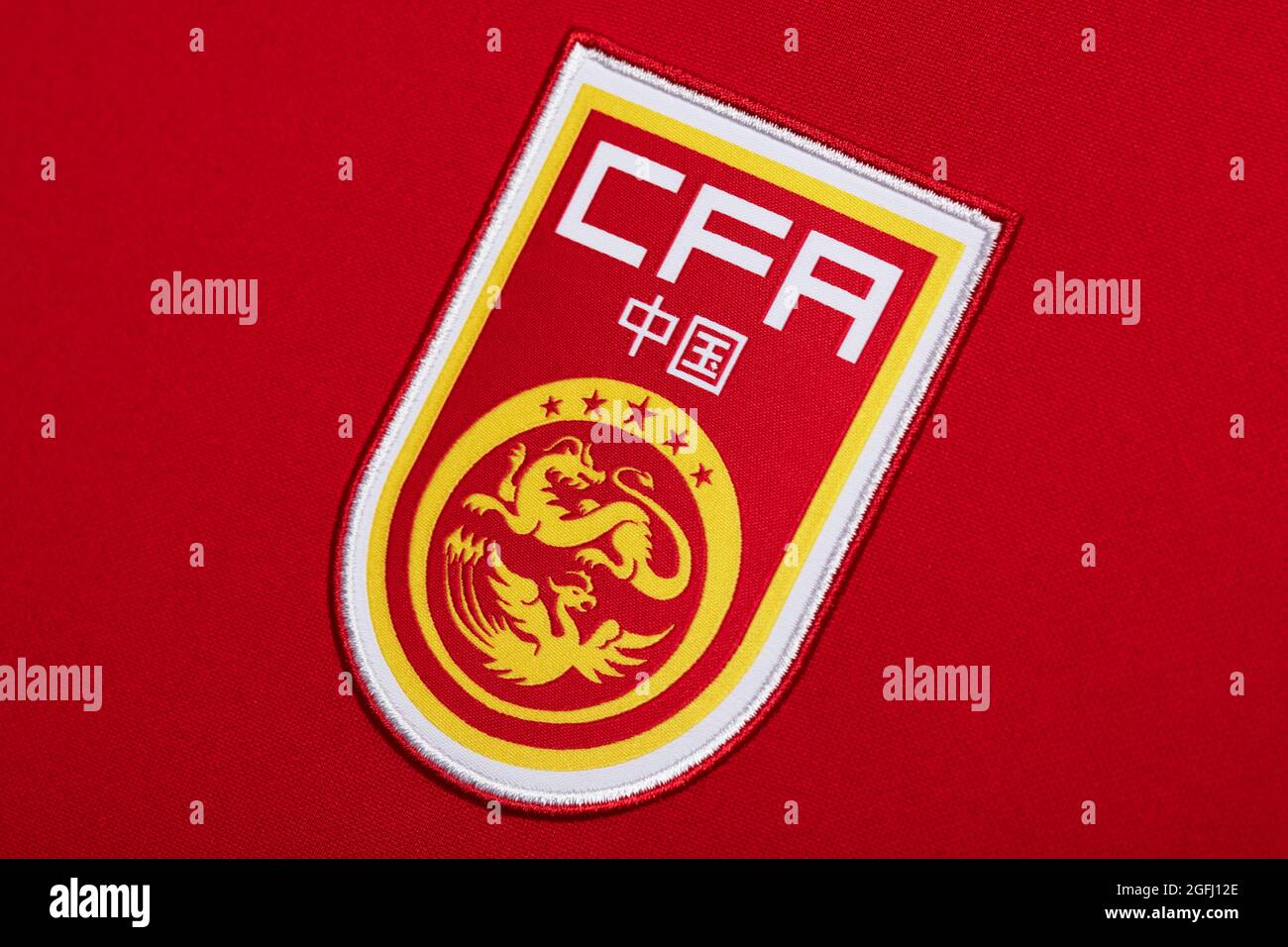 Primo piano della divisa nazionale di calcio cinese 2020/21. Foto Stock