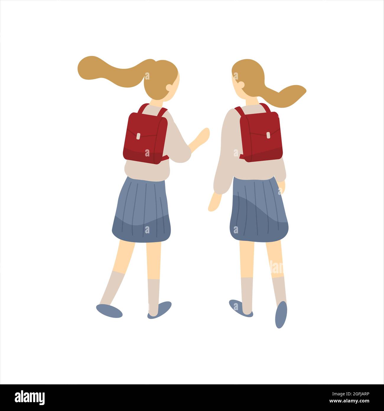 Due compagni di classe, compagni di classe o amici vanno a scuola e parlano o chat.Pair di ragazze o studenti di sesso femminile o alunni con borse da scuola vestiti in uniforme Foto Stock