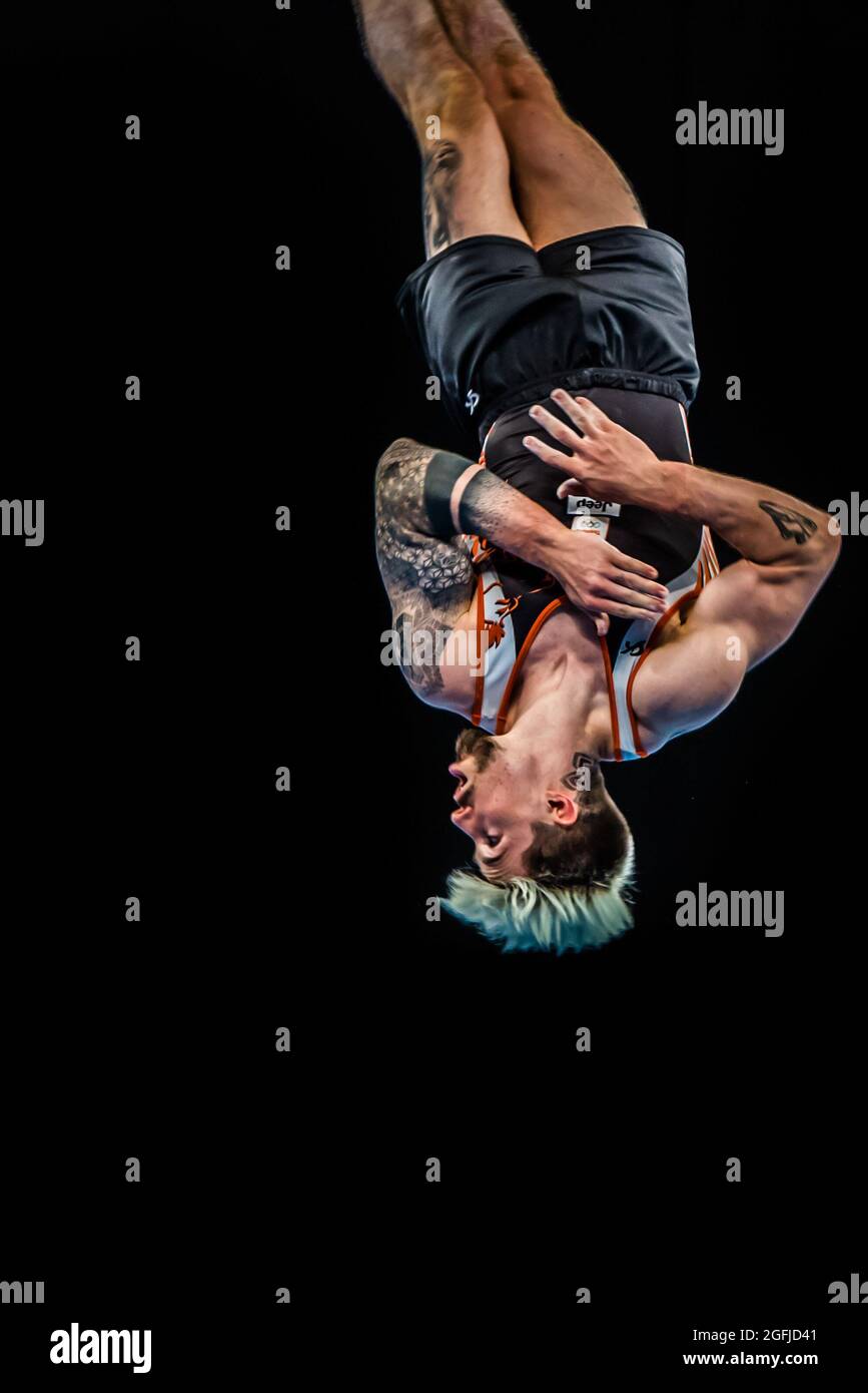 Ginnastica olandese Casimir Schmidt capovolta durante la Coppa del mondo di ginnastica a Melbourne. Foto Stock