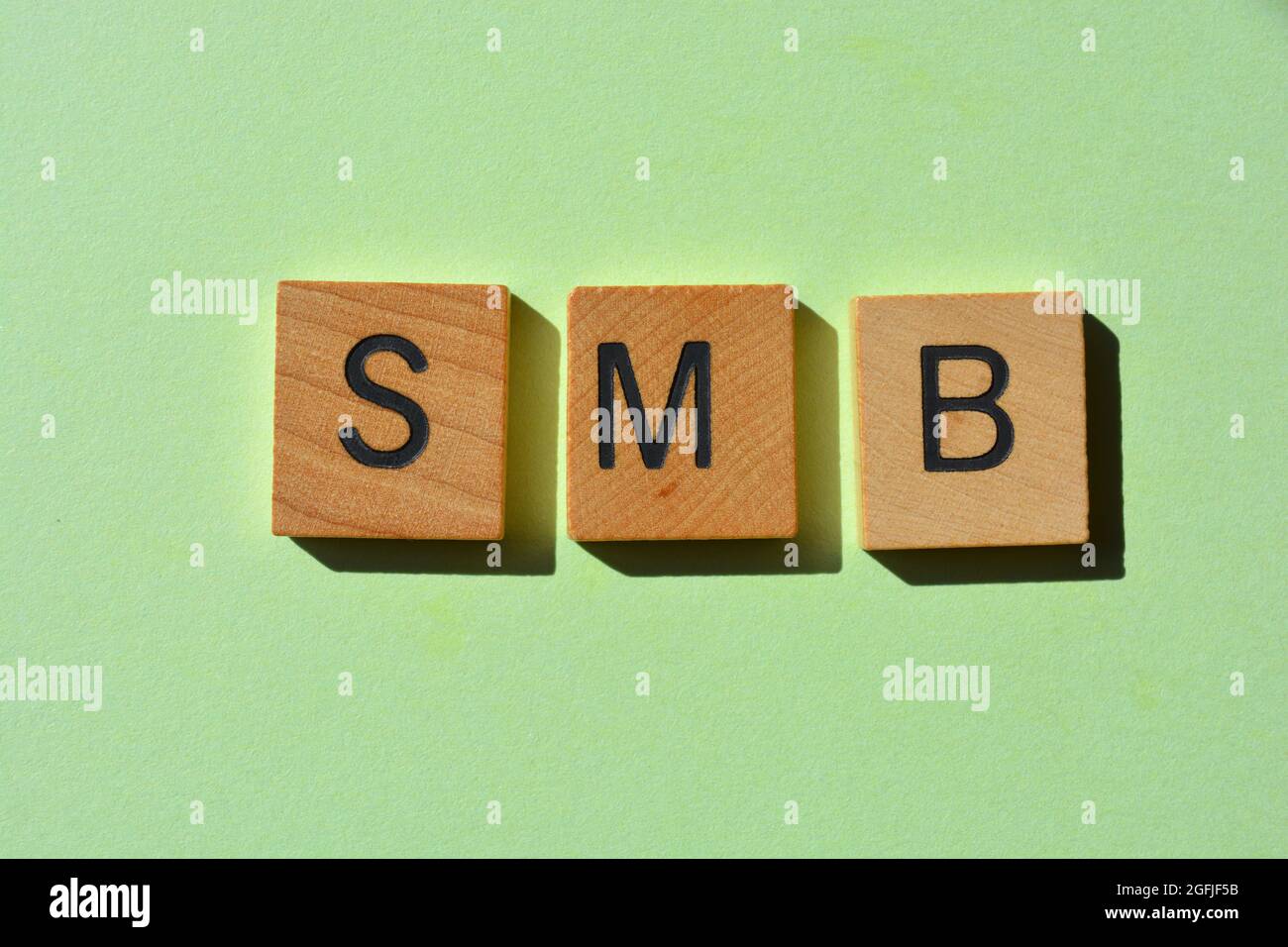 SMB, acronimo di Small to Medium Business in lettere in alfabeto di legno isolate su sfondo verde Foto Stock