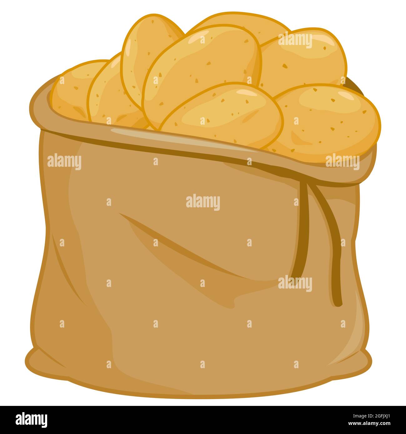 Sacco di burlap pieno di patate crude su sfondo bianco. Foto Stock