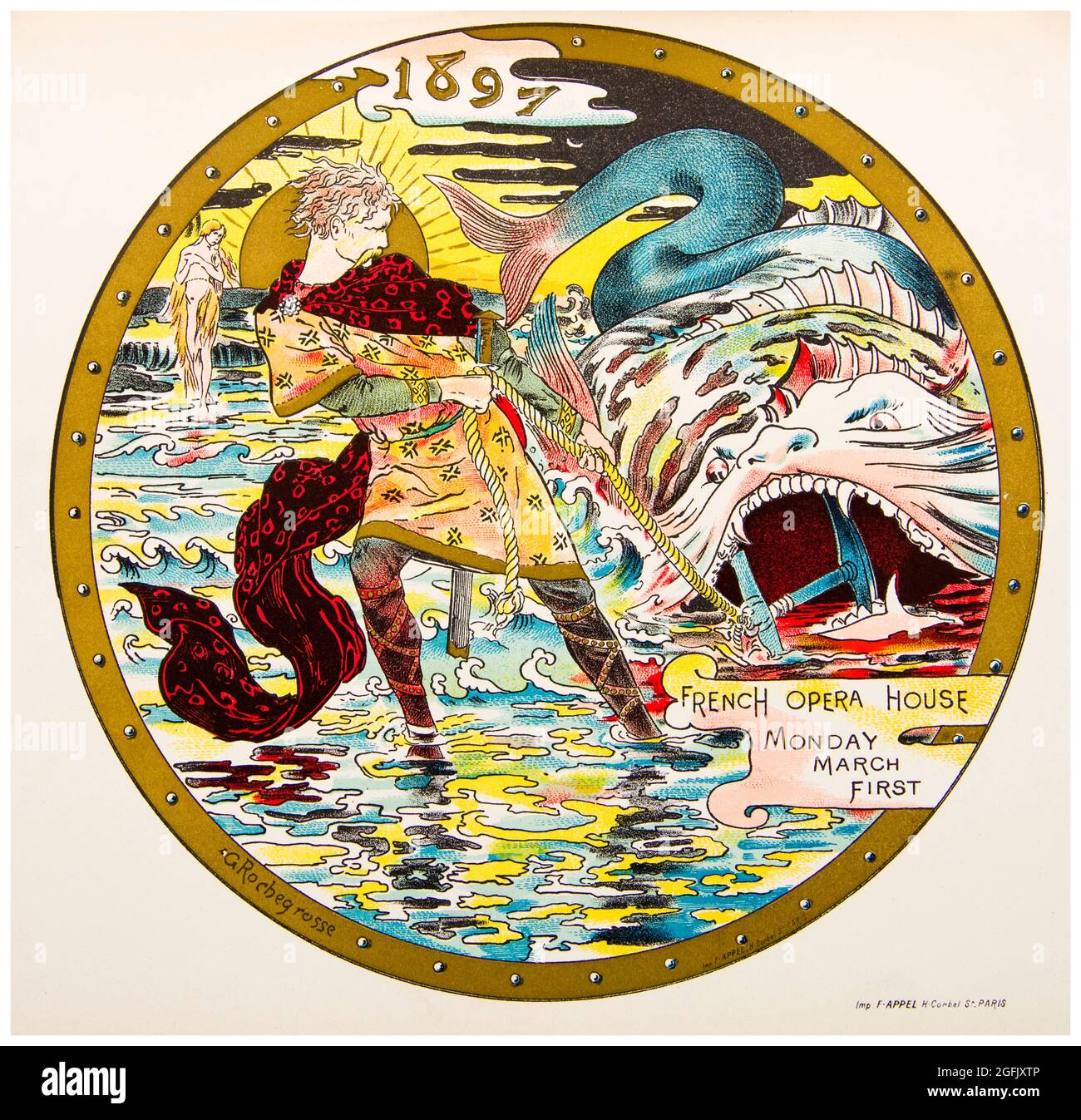 Francese Opera House, (New Orleans USA, 1859-1919), 19esimo secolo di pubblicità d'epoca per l'esecuzione del 1 marzo 1867, stampa litografica di Georges Antoine Rochegrosse, 1897 Foto Stock