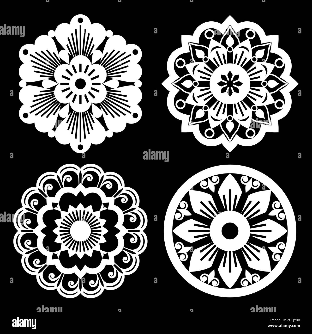 Collezioni Marocchino retro vettoriale mandala design, quattro openwork vettoriale disegni arabici dettagliati con fiori, foglie e vortici in bianco su nero Illustrazione Vettoriale