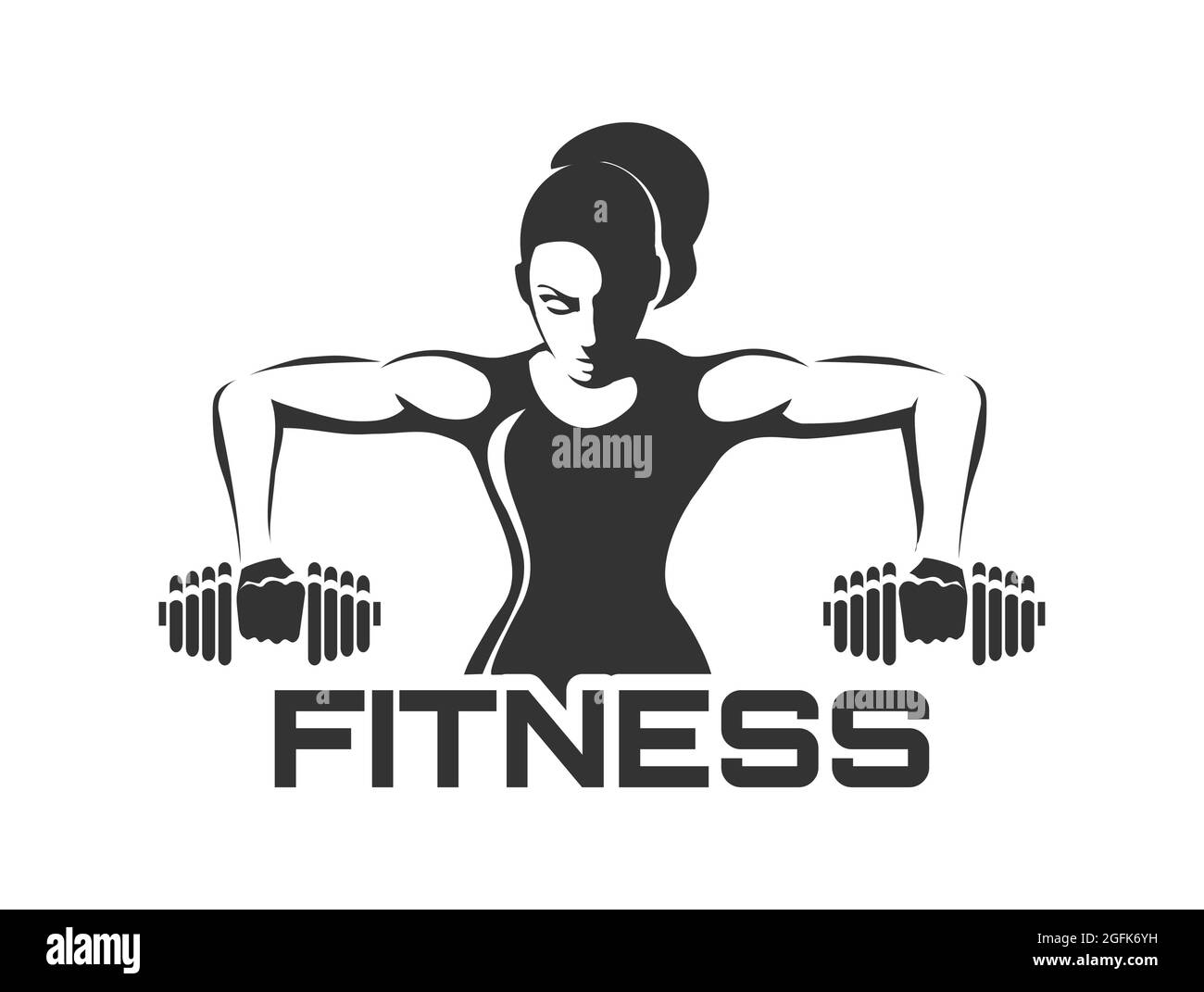 Formazione femminile con il logo Dumbell monocromatico Fitness Club Design isolato su bianco. Illustrazione vettoriale. Illustrazione Vettoriale