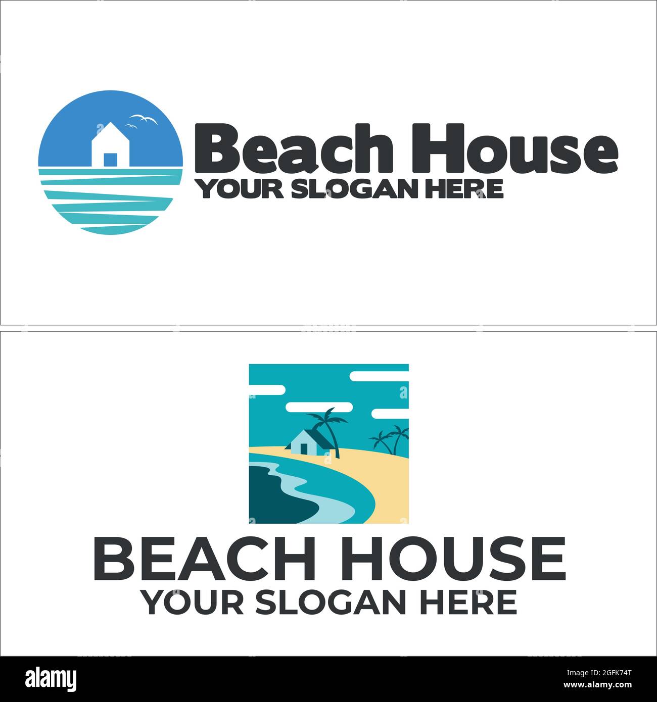 Design del logo del modello di icona sulla spiaggia del resort Illustrazione Vettoriale
