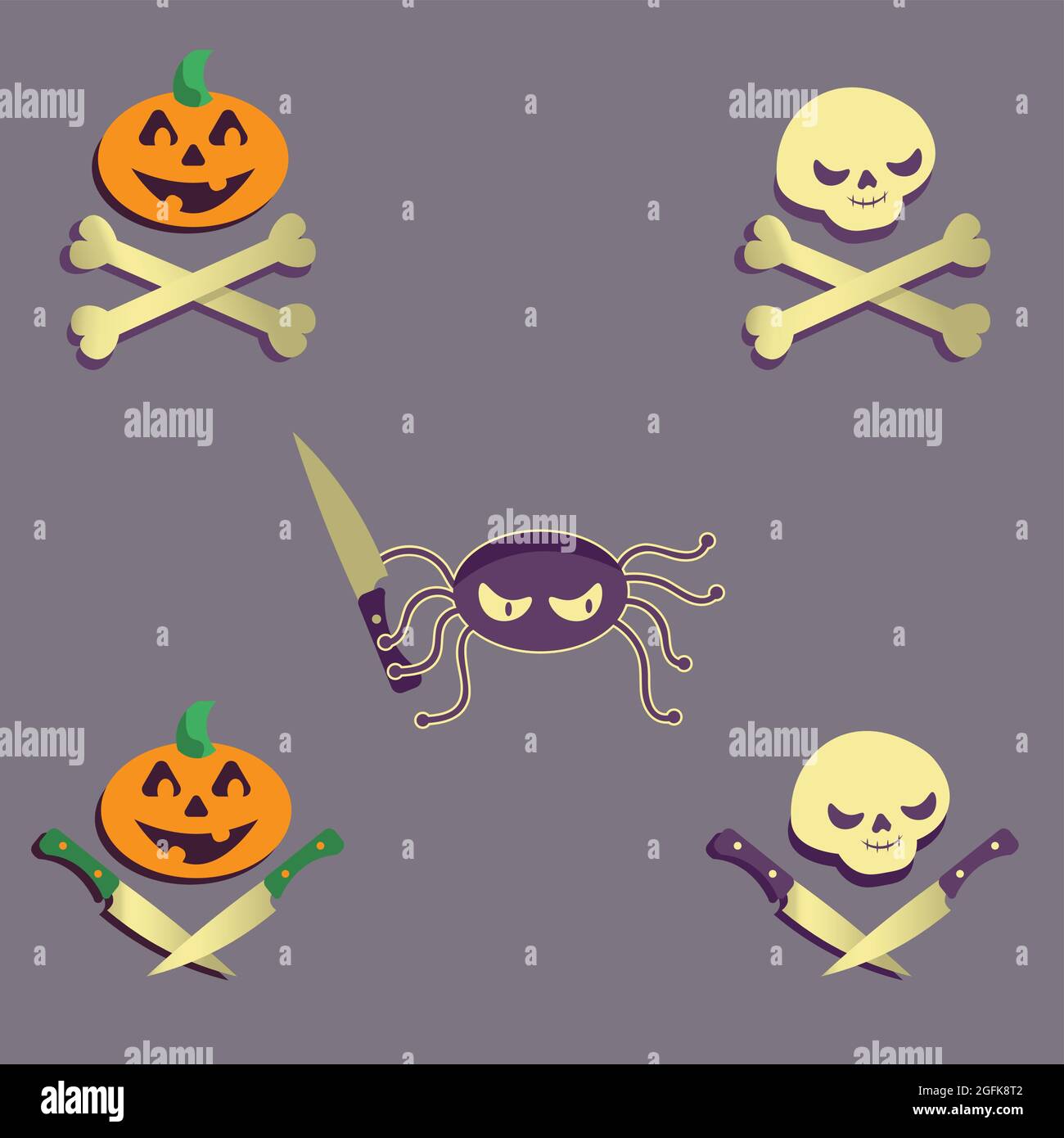 Clipart con i personaggi malvagi di Halloween spottano ragno di zucca Illustrazione Vettoriale