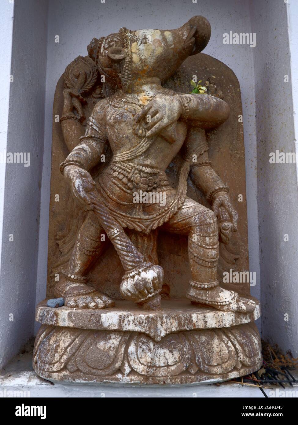 Statua in arenaria di Varaha o Boar Narasimha, Tempio di Jagannath, Paduwa, Katni, Orissa, India Foto Stock