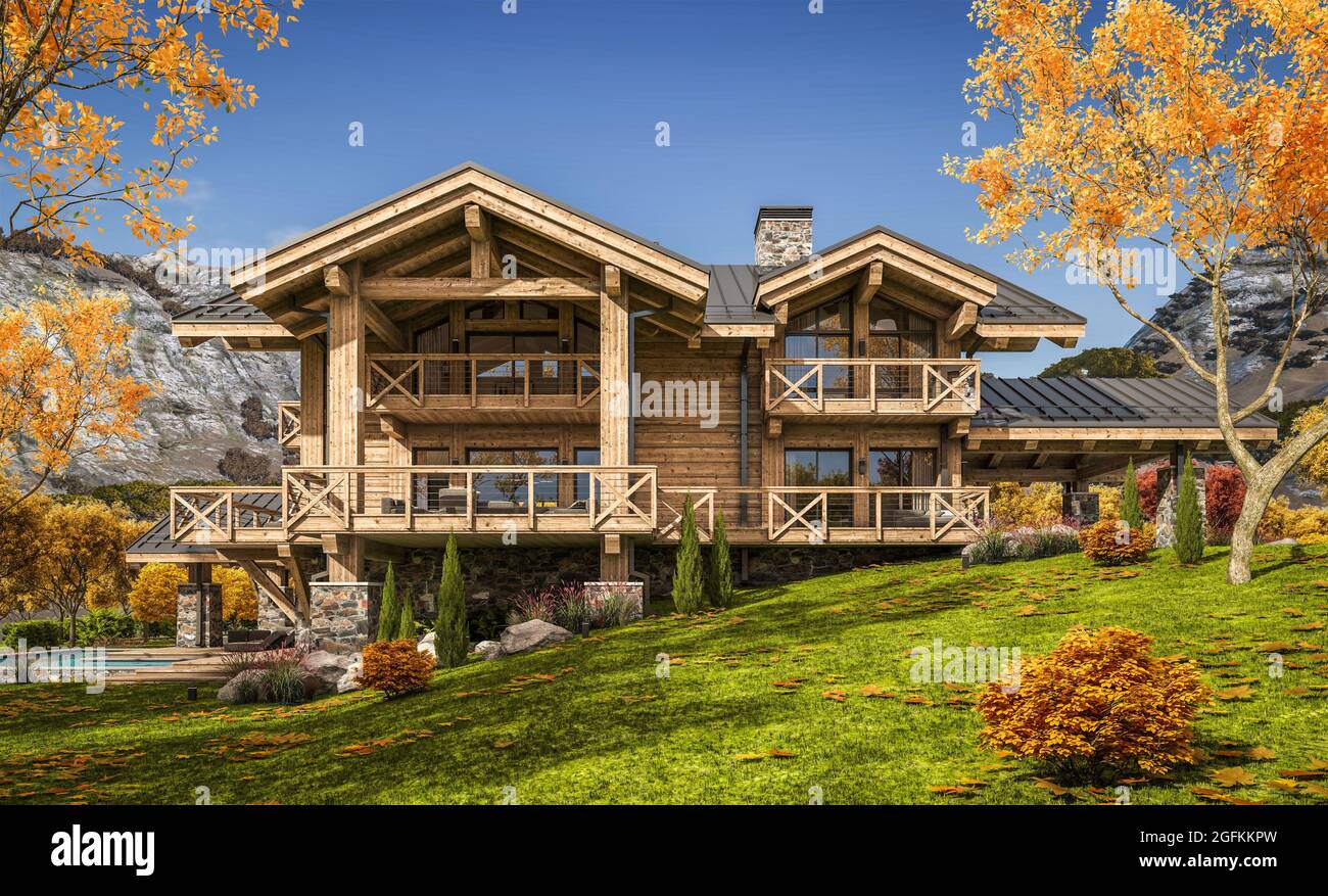 rendering 3d di chalet moderno e accogliente con piscina e parcheggio in vendita o in affitto. Belle montagne forestali sullo sfondo. Colonne di travi in legno massiccio. CLE Foto Stock