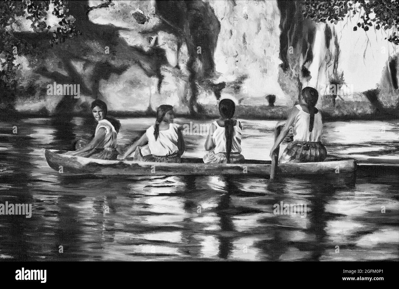 Pittura di tela con gli indiani sulla barca sul fiume Amazzonia in bianco e nero. Foto Stock